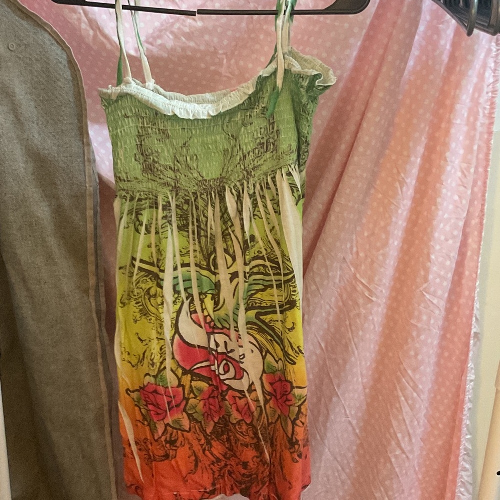 InGea brand Green and Orange Floral Dress beautiful pattern tie straps sz sm